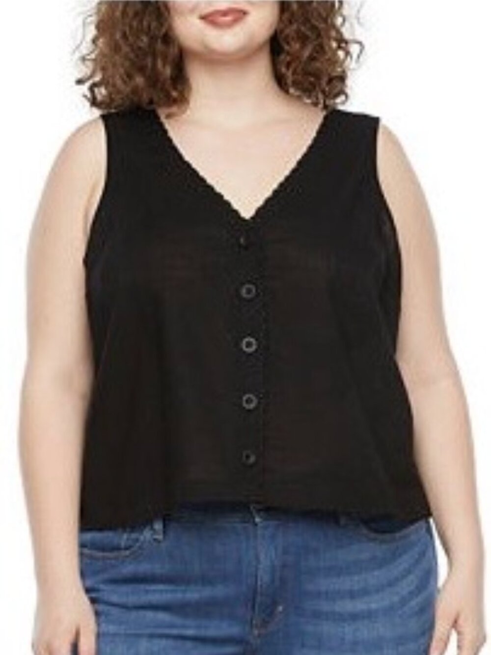 ANA Black 100% Cotton Button Front Tank Top 1X | Lightweight Flowy